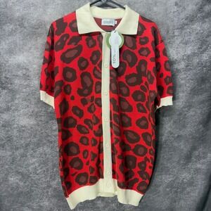 OXKNIT Red Leopard Print Knit Button Up Shirt Mens L Retro TikTok Streetwear NWT